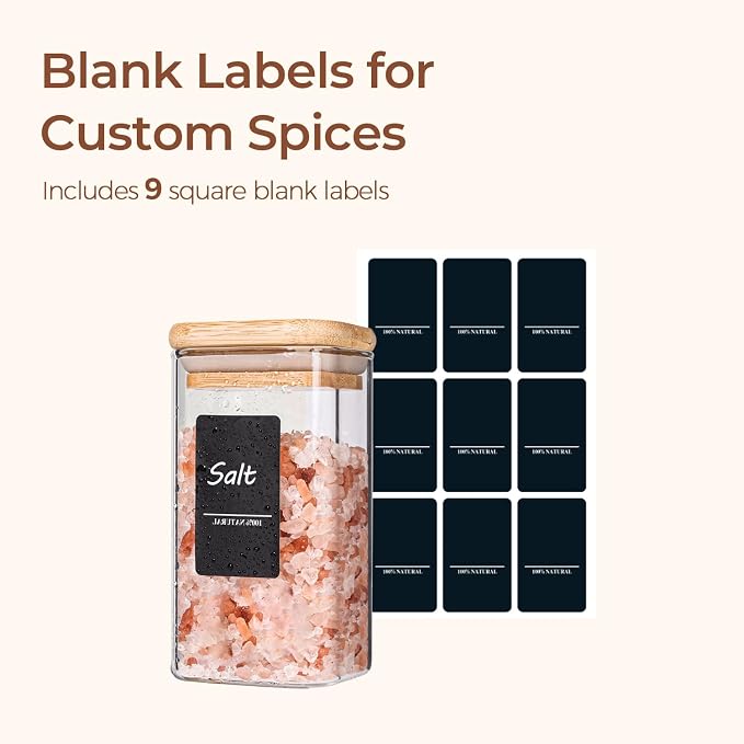ComSaf Glass Spice Jars with Labels 10 oz 6 Pack Large Square Bamboo Lids | Empty Containers, Seasoning Herbs Powders, Salt Pepper Chili, Kitchen Cabinet Storage Starter Set, Dry Goods
