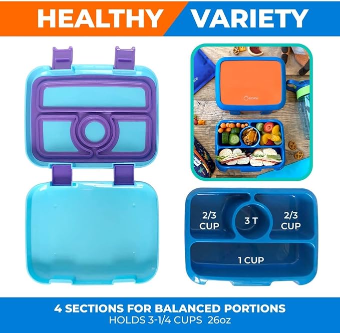 kinsho Bento Lunch Box, Boxes for Kids Toddlers Boys Girls, 4 Portion Divided Sections Secure Lid, BPA Free Removable Tray, Pre-School Kid Daycare Lunches Snack Container, Blue Purple Aqua 2 Pack Set