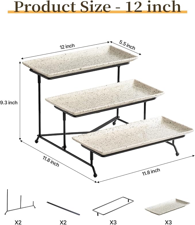 LAUCHUH 3 Tier Serving Tray, Porcelain Serving Platters and Trays for Party | 12 Inch Tiered Tray Stand Cupcake Stand with Collapsible Sturdier Rack & 2 Cross Bars for Thanksgiving Day, Speckled Glaze