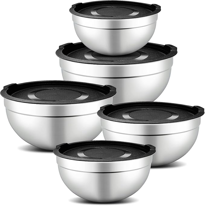 hunnycook 5 Piece Mixing Bowl Set - Mixing Bowls with Lid, Stainless Steel Mixing Bowls for Baking, Size 1.5, 2.1, 3.5, 4, 4.5QT, Baking Bowl for Food Preparation, Mixing and Serving Foods