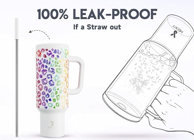Meoky 50 oz Tumbler with Handle, Tumbler with Lid and Straw, Insulated Stainless Steel Travel Mug, 100% Leak-proof, Keeps Cold for 36 Hours or Hot for 12 Hours (Kiss)