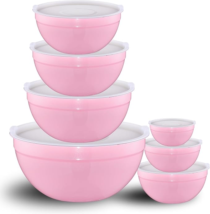 Pink Mixing Bowls with Lids Set of 7, Stainless Steel Nesting Bowl with Khaki Lid for Non-slip Mixing Prepping Storing Serving, 7 Sizes-7/3.6/2.7/2.1/1.5/1/0.8 QT