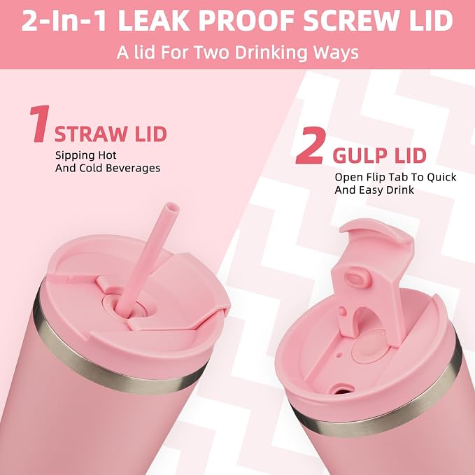 BJPKPK 26 oz Coffee Tumbler with Straw, Insulated Stainless Steel Cup | Double Wall Vacuum, Leak Proof Lid, Keeps Hot/Cold/Iced, BPA Free, Dishwasher Safe, Travel & Outdoor, Light Pink