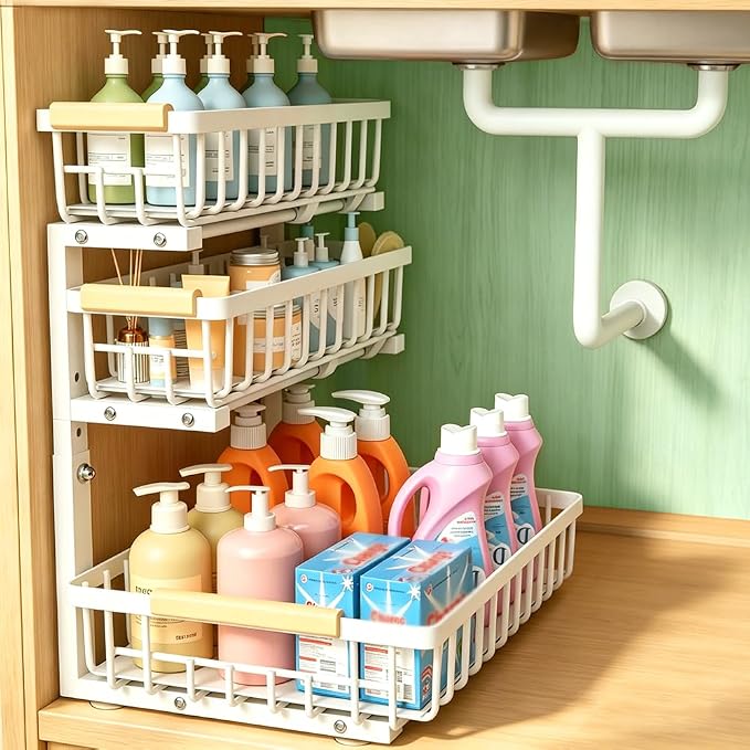 Under Sink Organizer, 3-tier Under Sink Storage Organizer Adjustable Height Easy Assembly Pull Out Cabinet Organizers Basket for Bathroom Kitchen Pantry Home Organization