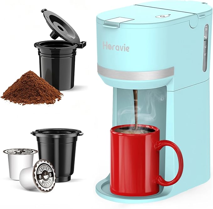 Horavie Mini Single Serve Coffee Maker for K-Cup Pod and Ground Coffee, Fast Brew One Cup Coffee Machine with Descaling Reminder and Water Window, 6 to 12 oz. Brew Sizes, Light Blue