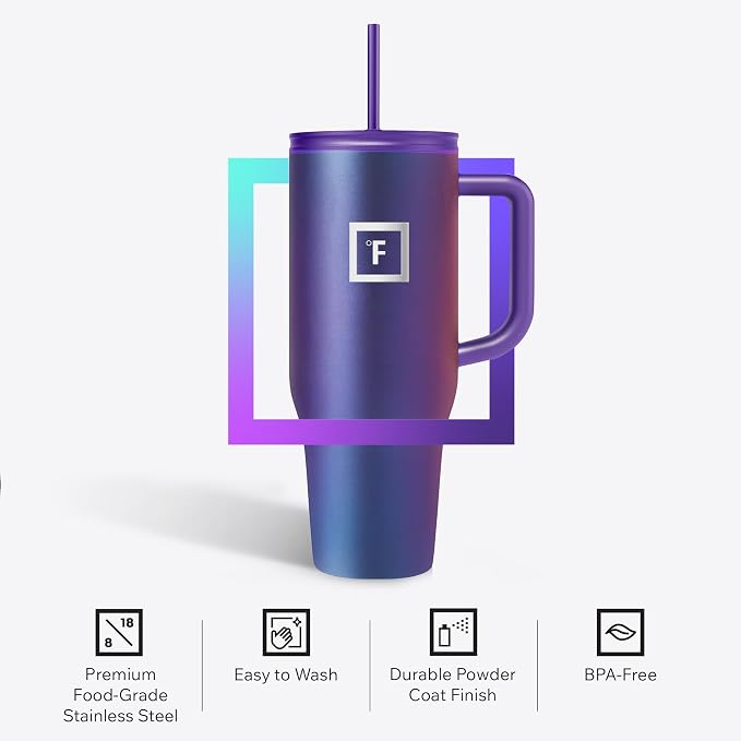 IRON °FLASK 40 oz Co-Pilot Insulated Travel Mug | Insulated Travel Mug with Straw & Flip Cap Lids - Cup Holder Fit, Leakproof, BPA Free (Cashmere Cream)