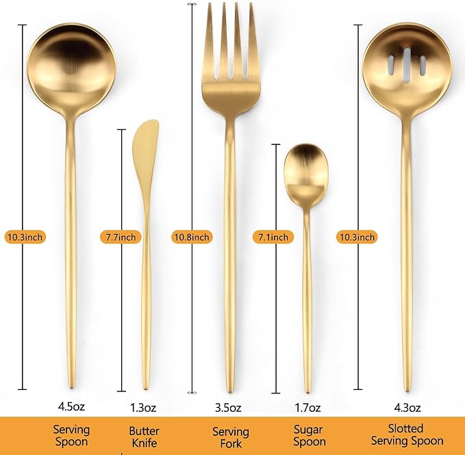 Gold Serving Utensils Set,5pc Stainless Steel Serving Spoons | 10.8inch,matte gold,serving utensils set for buffet,parties&daily dining,serving spoons,flatware for elegant serving