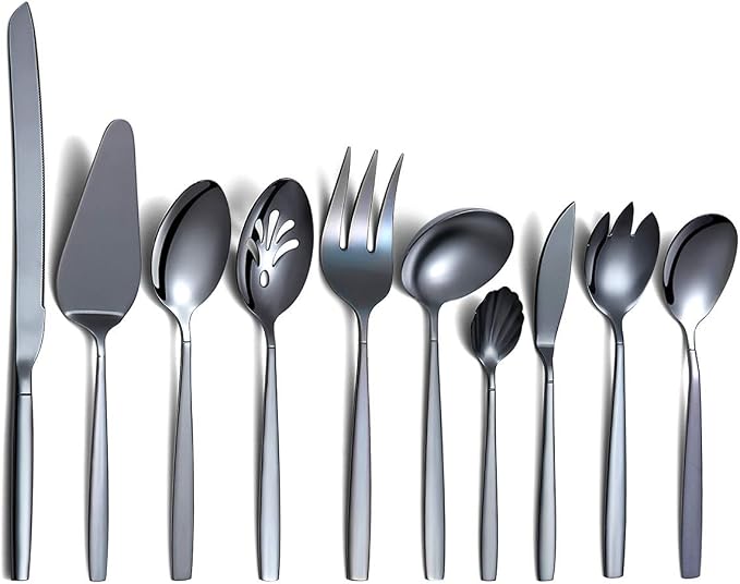 Berglander Black Serving Utensils 10 Pieces, Titanium Plating Serving Spoons, Included Cake Knife Cake Server Serving Forks Sugar Spoon Salad Spoon Forks Butter Knife Gravy Ladle ect.