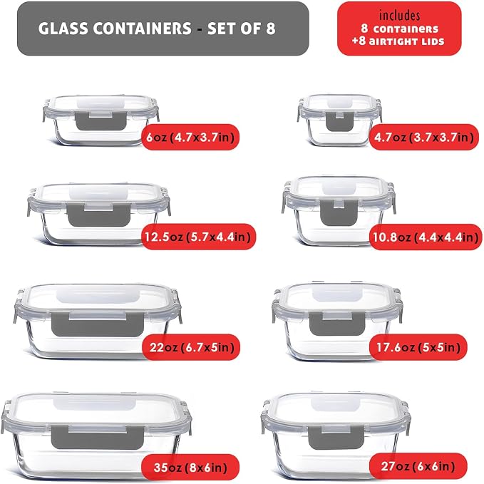 EATEX 16pc Glass Storage Containers with Lids, 8 Glass Food Storage Containers with 8 Airtight Lids for Pantry & Kitchen, Meal Prep Containers for Lunch, Oven Freezer Microwave & Dishwasher Safe