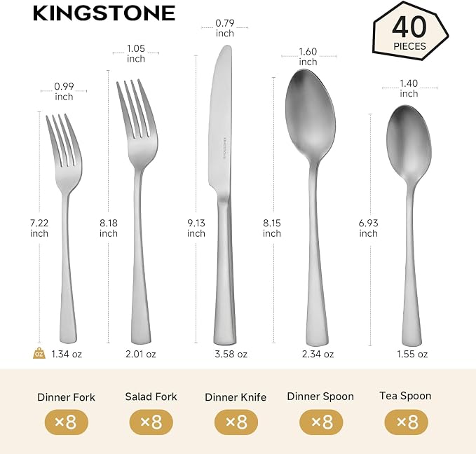 Silverware Set for 8, 40-Piece 18/10 Stainless Steel Flatware Set,Forged Cutlery Set Matte Satin Finish, Dishwasher Safe | KINGSTONE Forged Flatware Cutlery Set, Mirror Polished Knives Fork and Spoon Utensils, Dishwaher Safe for Home Wedding Party