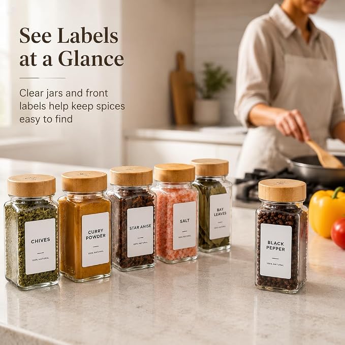 EHME EHME EHME 14 Pcs Glass Spice Jars Bamboo Lids with Lazy Susan Turntable Set, 10 Inch Non-Skid Lazy Susan Seasoning Containers Organization for Kitchen Cabinet Countertop, Spice Label Included.