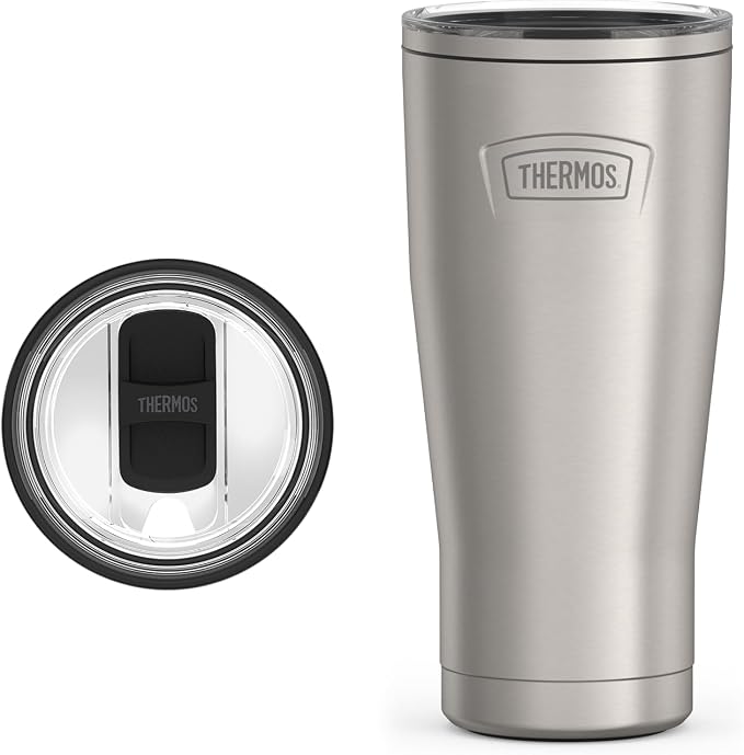 THERMOS Icon Series 24oz Stainless Steel Tumbler with Slide Lock Lid, Leakproof, Fits Cupholder, Dishwasher Safe, Griptec™ Non‑Slip Base, Keeps Drinks Hot 6 Hrs/Cold 22 Hrs, Matte Stainless Steel