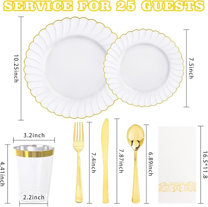 YOUBET 175PCS White and Gold Scalloped Plastic Plates for Party Wedding | White and Gold Disposable Dinnerware Set Include 50 Plates, 75 Gold Silverware, 25 Cups, 25 Napkins