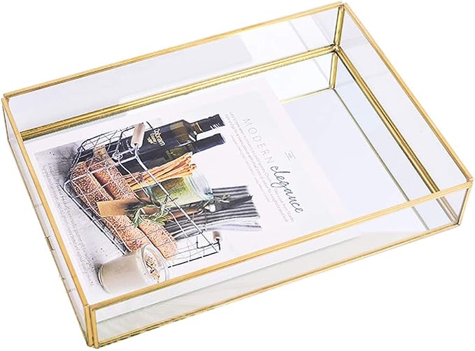 Sooyee Gold Rectangle Mirror Tray, Metal and Glass Fragrance Tray, 12"x8" | Decorative Tray, Can Hold Perfume, Jewelry, Cosmetics, Makeup, Magazine and More, For Vanity, Dresser, Bathroom, Bedroom