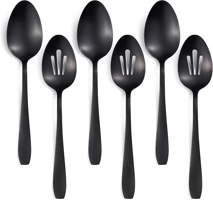 6 Pieces Large Serving Spoons Set - 3 Serving & 3 Slotted Spoon | 10.6 Inch, matte black, stainless steel, highly durable, corrosion-resistant, dishwasher safe, for kitchen buffet restaurant