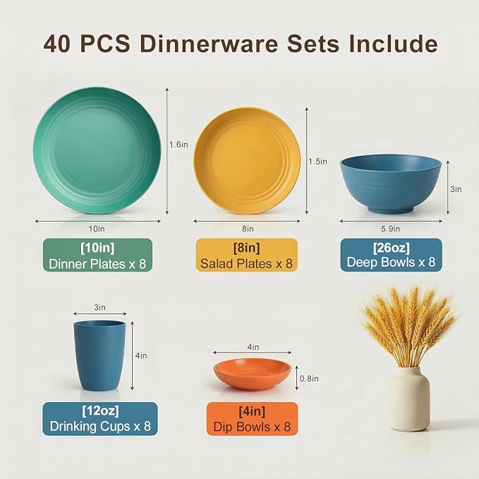 Wheat Straw Dinnerware Sets 40 Piece, Kitchen Plates and Bowls Set, Unbreakable Dishes Set for 8, Microwave and Dishwahser Safe Dishware Sets for Home, Camping, RV, Party - Multi