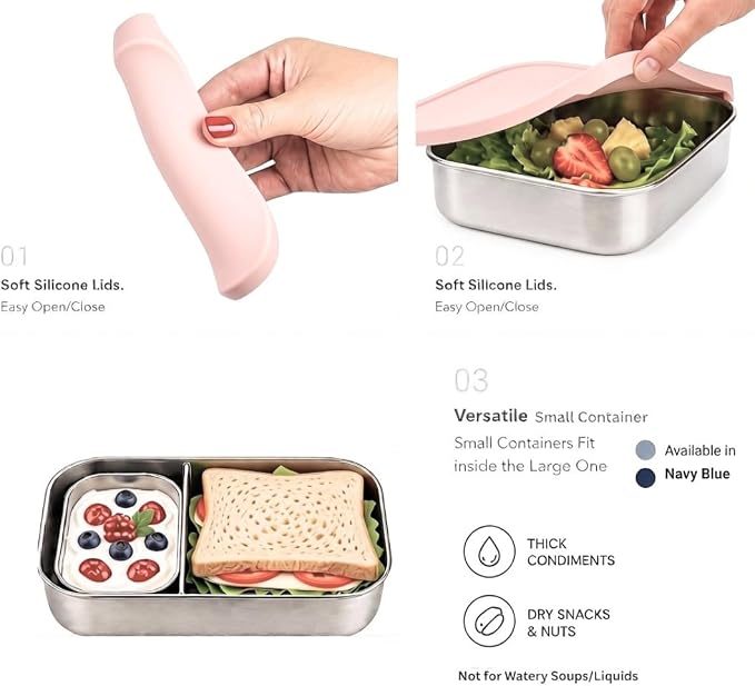Flexibento - Leak proof 47 OZ Stainless Steel Lunch Box Containers with Silicone Lids, Bento Box,Metal lunch Box, Pink-47 OZ-Set Of 2