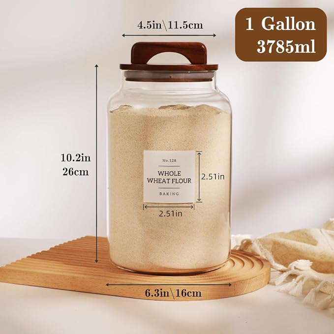 2 Pack Large Glass Flour and Sugar Containers with 132 Pantry Labels - 1 Gallon Glass Canisters with Bamboo Airtight Lids - Farmhouse Glass Cookie Jars for Rice, Pasta, Cereal, Bath Salt