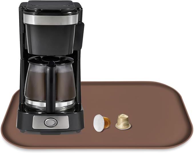 Silicone Coffee Maker Mat with Lip for Countertops, 17.4'' x 10.6'', Brown | Multi leak-proof coffee tray for countertop, non-slip silicone mat fits most coffee makers & espresso machines, wipe-clean