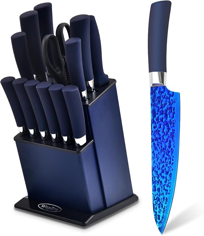 Rainbow Kitchen Knife Set Non Stick Knives Set with Block Thick Blade Cutlery Knife Block Sets Chef Sharp Quality for Home & Pro Use Best Gift (Blue Handle- Rugged Blue Blade)
