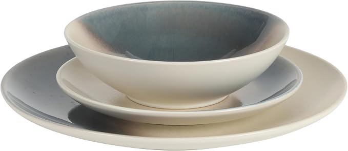 Gibson Elite Crescenton Plates and Bowls Sets, 12-Piece Blue Stoneware Dinnerware Sets, Round Reactive Glaze Dish Set