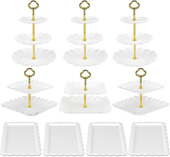 Pack of 11 NWK Cake Stand Set of Cupcake Stand, Tray & Table Cloth (Gold) | Includes 3 x 2-Tier & 3 x 3-Tier Cupcake Stands, 4 Appetizer Trays, Plus 1 Tablecloth. Ideal for Parties, Gold Design