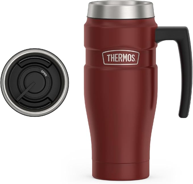 THERMOS Stainless King Travel Mug with Handle, 16oz, Rustic Red | Vacuum-Insulated Travel Mug with Handle for Hot & Cold Drinks, Stainless Steel Coffee Mug with Lid for Commuting
