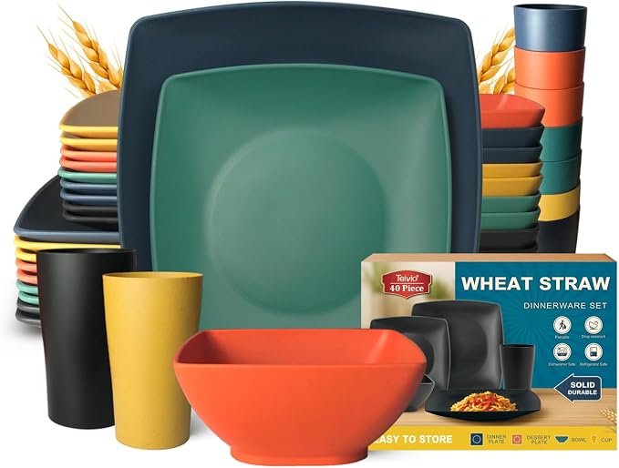 Teivio 40-piece Kitchen Wheat Straw Square Dinnerware Set,Service for 10, Unbreakable Dinner Plates, Salad Plates, Snack Bowls, Cups 13.5 oz, Colorful Plastic,Dishwasher Safe Dishes, Autumn Multicolor