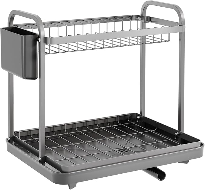 Sakugi Dish Drying Rack 2-Tier 15" x11.4" x15" Gray Double Rod | Kitchen, Sink Counter, Stainless Steel, Counter Top, Utensil Holders, Cutlery Holder, for Small Family, Easy to Clean