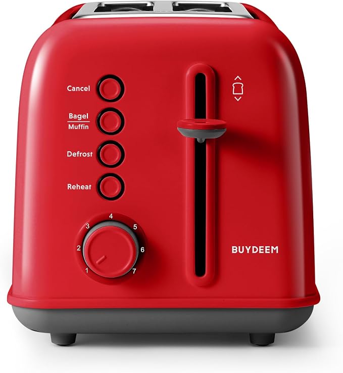 BUYDEEM DT620 2-Slice Toaster, 7 Shade Settings, Extra Wide 1.5'' Slots for Bagel & English Muffin, 6 Toasting Functions, Retro Stainless Steel Toaster with High Lift Lever, Red