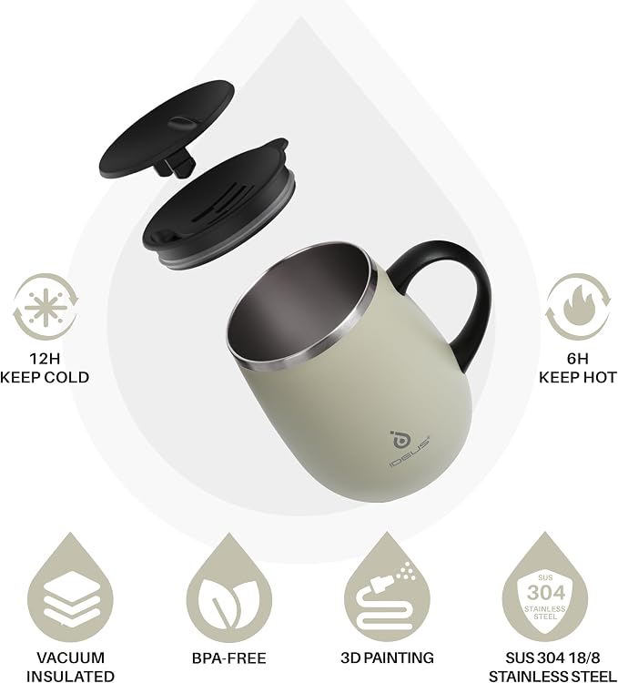Ideus 16 oz (470 ml) Insulated Coffee Mug with Handle and Lid, Double Wall Stainless Steel Vacuum Thermal Coffee Mug, Travel Coffee Cup Thermal Cup for Home and Office (Celadon)