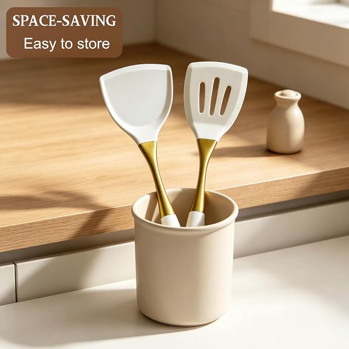 Heat-Resistant Kitchen Spatula Set – Non-Toxic Cooking Utensils with Solid & Slotted Designs –Food Grade Silicone and Gold-Plated Stainless Steel Handles –Ideal for Nonstick Cookware, Gold
