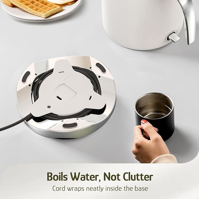 Hazel Quinn Electric Water Kettle 1.7 Liters(57oz),Stainless Steel, White | BPA-Free Interior, 1200W Fast Boiling, Cordless, Automatic Shut Off,ideal for families, couples, home, office and daily use