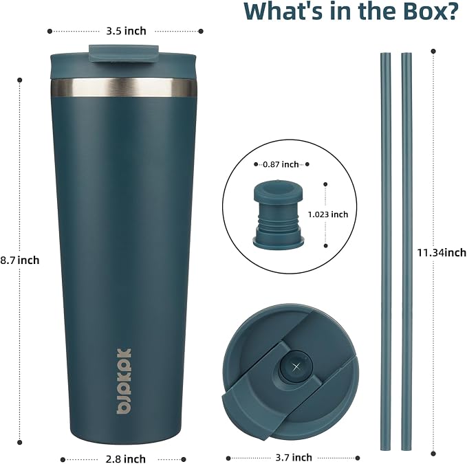 BJPKPK 26 oz Coffee Tumbler with Straw, Insulated Stainless Steel Cup | Double Wall Vacuum, Leak Proof Lid, Keeps Hot/Cold/Iced, BPA Free, Dishwasher Safe, Travel & Outdoor, Navy Blue