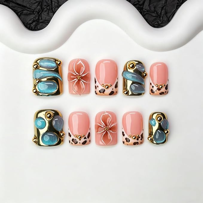 Square Handmade Press on Nails Leopard Print Short Square Fake Nails with 3D Gold Metal & Blue Cats Eyes Charms Thick Salon Quality Acrylic Nail Nude Pink Flower Handmade Stick on Nails for Women (M)