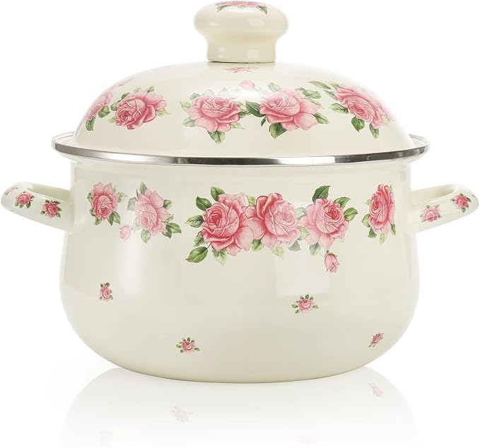 SOUJOY Enamel Stockpot with Lid, 2.8 Quart Retro Cooking Pot, Vintage Floral Stew Bean Simmer Pot with Handle, Kitchen Soup Pot, Safe for Induction Cookers, Gas Stove