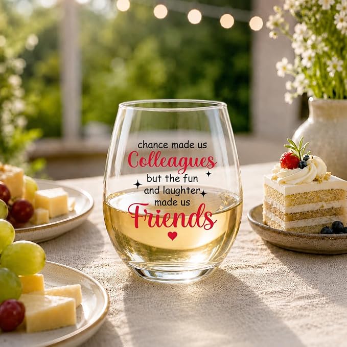 Chance Made Us Colleagues But Fun and Laughter Made Us Friends Stemless Wine Glass, Coworker Glassware Gifts for Men Women, Colleagues Wine Glass for Office Party Farewell Birthday Christmas