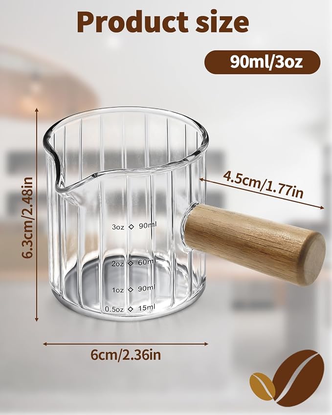 Espresso Measuring Cup 3 Oz, Espresso Glass Cups with Wood Handle, Milk Frothing Cup, Espresso Cup for Coffee, Milk, Tea or Maple Syrup Serving