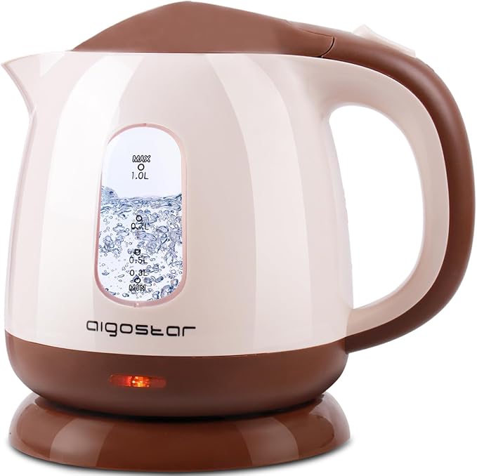 Aigostar Small Electric Kettle, 1L Portable, 1100W, Brown | Electric Tea Kettle, Automatic Shut-Off and Boil Dry Protection, Travel Hot Water Boiler Cordless, For Making Coffee and Tea