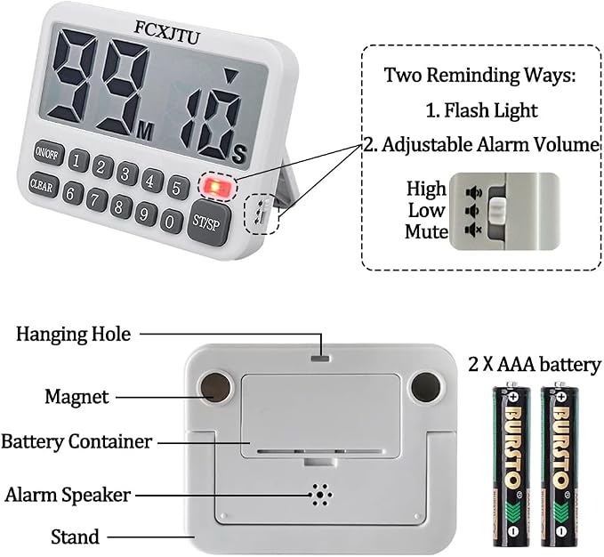 Digital Kitchen Timer, Digits Directly Input Countdown Timer for Cooking | Count Up, Large Display, On/Off, Magnetic Back, Loud Alarm, Stand, Easy Operation, 3A Battery Included for Baking Study