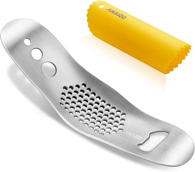 Stainless Steel Garlic Press Rocker & Silicone Garlic Peeler | 3-in-1 Garlic Mincer Crusher Squeezer with Bottle Opener & Herb Stripper/Leaf Zipper, Versatile Kitchen Tool