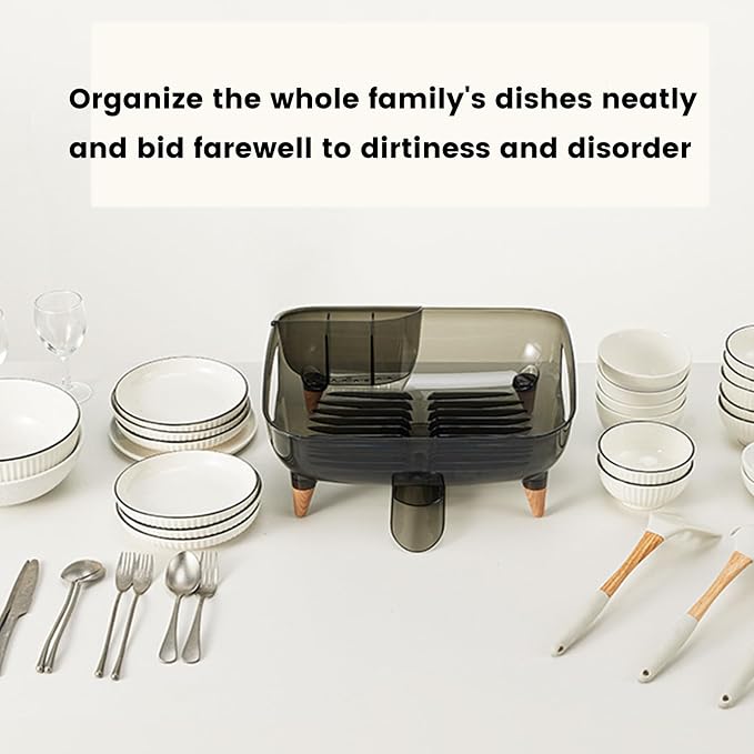 Dish Rack, Dish Drying Rack for Kitchen Counter, Dish Drainer with Drainboard Set and Utensil Holder, Sink Drying Dish Strainer Rack (Transparent Black)