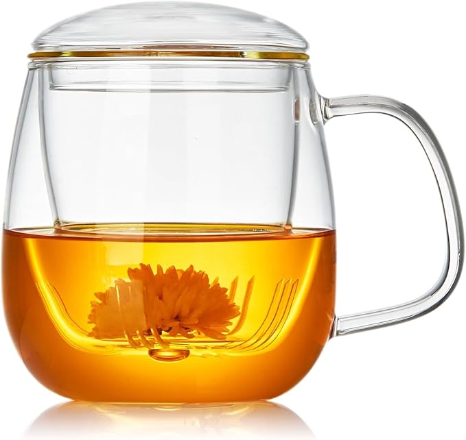 DOPUDO Large Glass Tea Cup, 34 oz Borosilicate Glass Tea Mug with Infuser and Lid, 1000ML Clear Tea Cups for Brewing Scented Tea and Tea Bag.