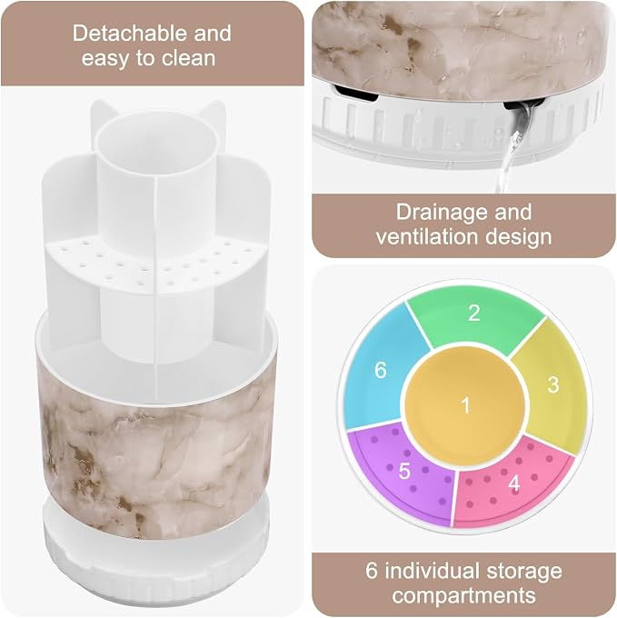 GFWARE Rotating Marble Toothbrush Holder for Bathroom Organizer, Drainage | Detachable 6 Slots Kids Electric Toothbrush and Toothpaste Holder, Bathroom Countertop Sink Storage Caddy, Marble-Look