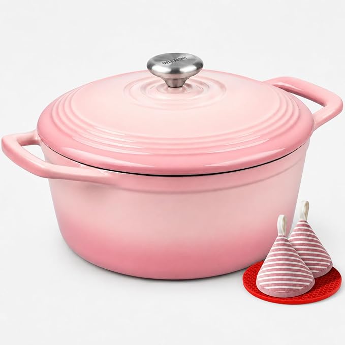Overmont Enameled Cast Iron Dutch Oven - 5.5QT Pot with Wide Handles Lid Cookbook & Cotton Potholders - Heavy-Duty Pre-Seasoned Cookware Oven Safe to 500°F for Braising, Stews, Roasting, Sourdough Baking