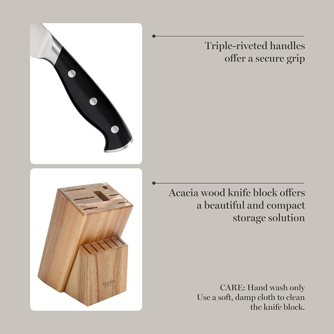 Martha Stewart Greeley Forged High Carbon Stainless Steel 14 Piece Knife Block Set, Black Kitchen Knife Set with Acacia Wood Block, Chef Knife, Bread Knife, Steak Knives