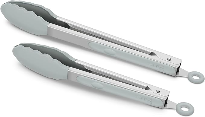2 Pack Silicone Kitchen Tongs – 9" & 12" Set, Heat Resistant up to 500°F, Non‑Stick Cookware Safe, Wavy Silicone Tips, BPA Free, Locking Clip & Hanging Loop, Warm Grey