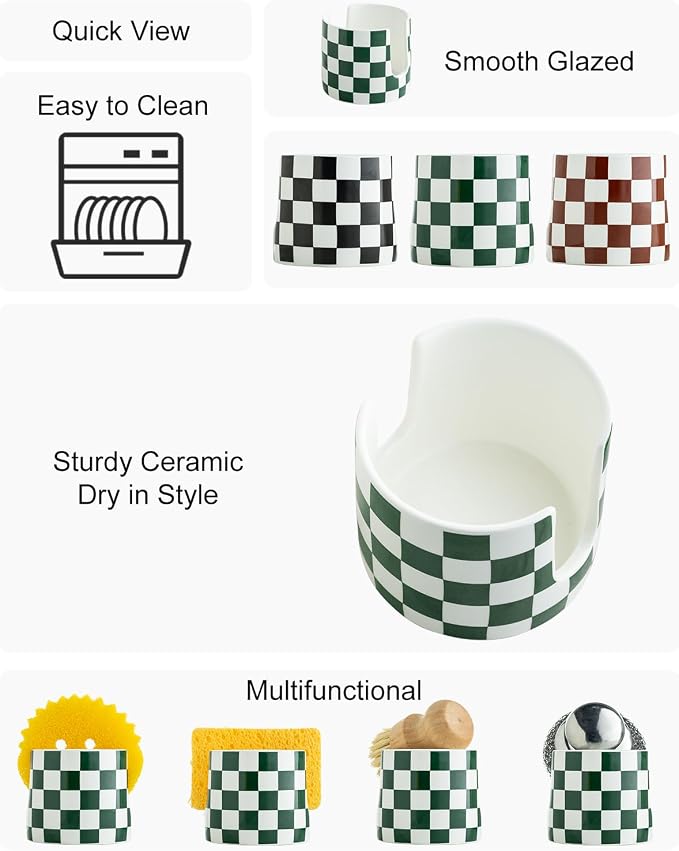 Zoeeker Sponge Holder for Sink, Ceramic Dish Sponge Holder Brush Holder | Scrubby Caddy Dish Brush Drying Rack Cute Kitchen Gadgets Farmhouse Kitchen Storage Accessories for Bathroom, Green and White