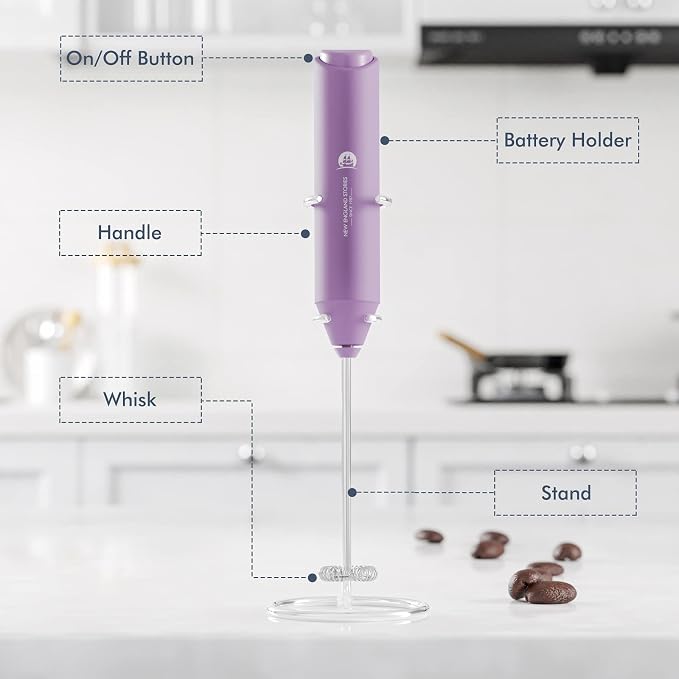 Powerful Milk Frother Handheld Foam Maker, Mini Whisk Drink Mixer for Coffee, Cappuccino, Latte, Matcha, Hot Chocolate, With Stand, Light Purple