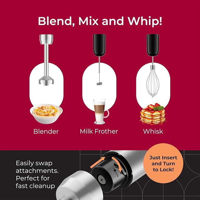 MuellerLiving Ultra-Stick Immersion Hand Blender, 500W Heavy Duty Motor, 8-Speed Turbo Setting, Includes Blending Shaft, Whisk, Milk Frother & Measuring Beaker | 500W Heavy Duty Motor | 8-Speed Turbo Setting | Includes Blending Shaft, Whisk, Milk Froth...